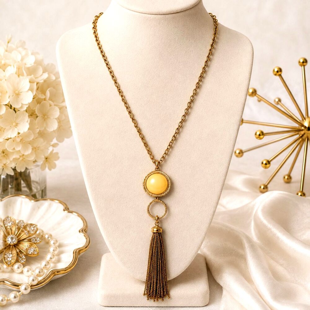Gold Tone Yellow Cabochon Tassel Statement Necklace Aurora Borealis Rhinestone
